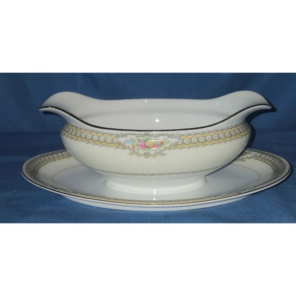 Noritake China Rodista 590 Gravy Boat Attached Underplate Vintage Japan Gold